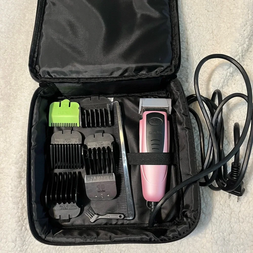 Pink Andis pet Hair Clipper Set with attachments